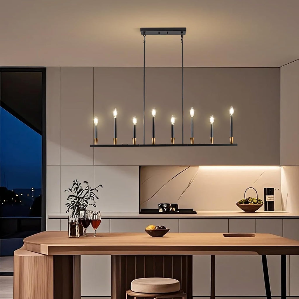 Linear 8-Light Black & Gold Dining Room Chandelier | Modern Mid-Century Pendant Light (46″)