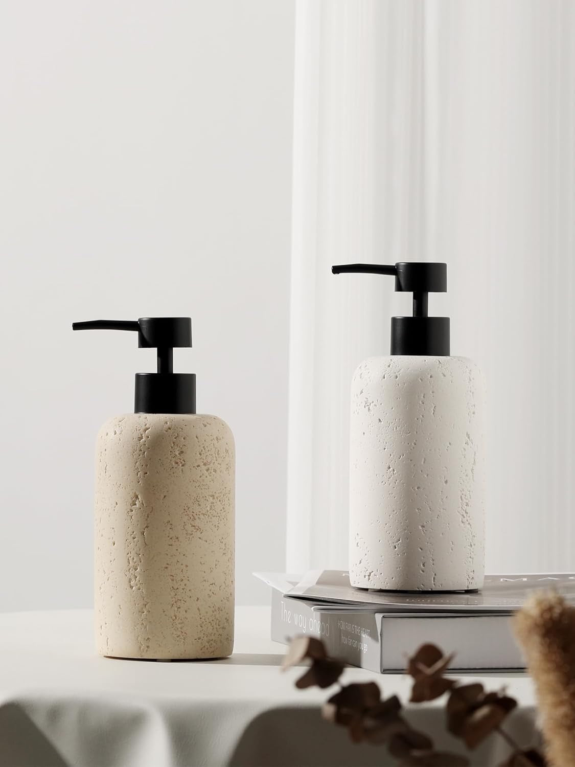 Travertine Soap Dispenser Set 2 PCS 13.5 oz | Cream Stone Pump Bottles for Kitchen & Bathroom