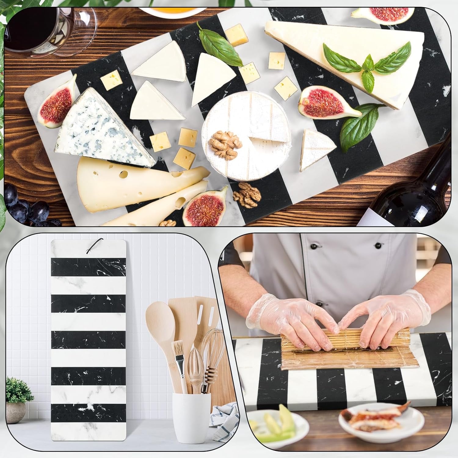 Patelai Marble Cutting Board 6x16 Striped Marble Serving Tray with Leather Tie Easy Clean Kitchen Board