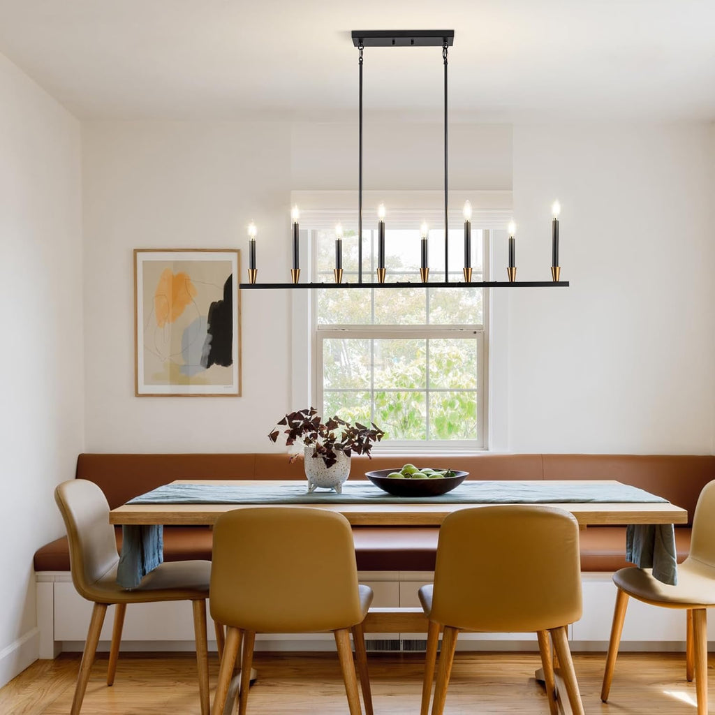 Linear 8-Light Black & Gold Dining Room Chandelier | Modern Mid-Century Pendant Light (46″)