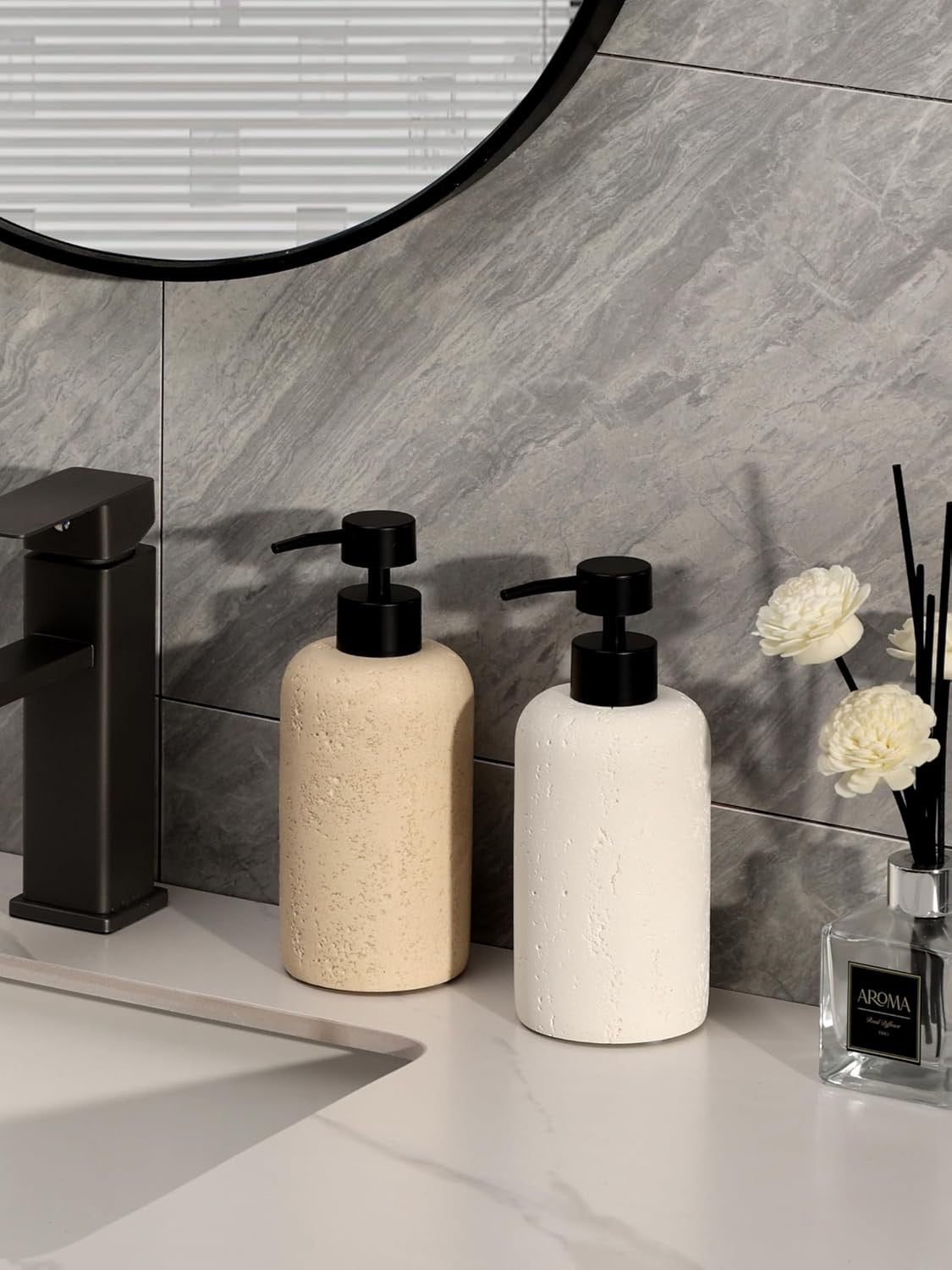 Travertine Soap Dispenser Set 2 PCS 13.5 oz | Cream Stone Pump Bottles for Kitchen & Bathroom