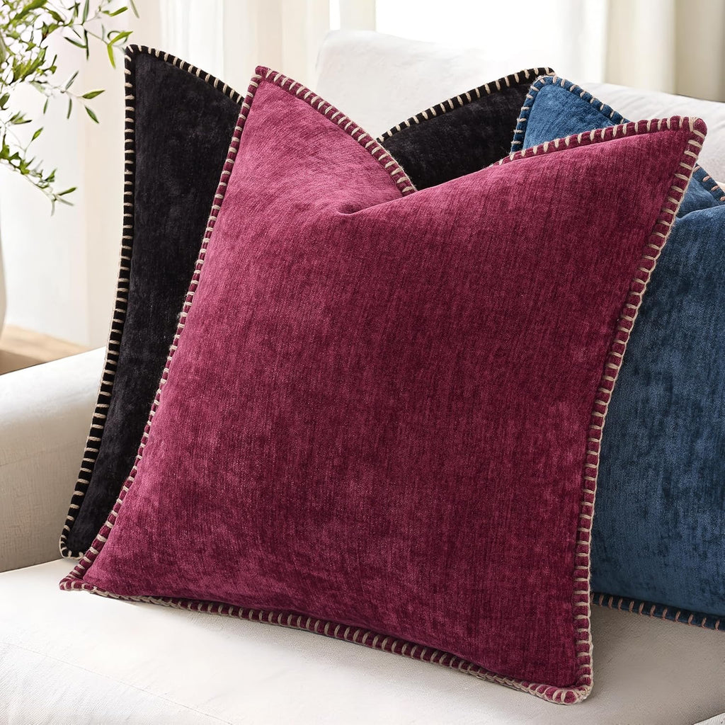 decorUhome Chenille Euro Pillow Covers (24x24, Set of 2, Black) | Soft Velvet Decorative Throw Pillow Shams