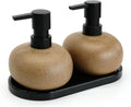 Ceramic Soap Dispenser Set 10 oz | Brown Pump Bottles with Tray for Kitchen & Bathroom Countertop