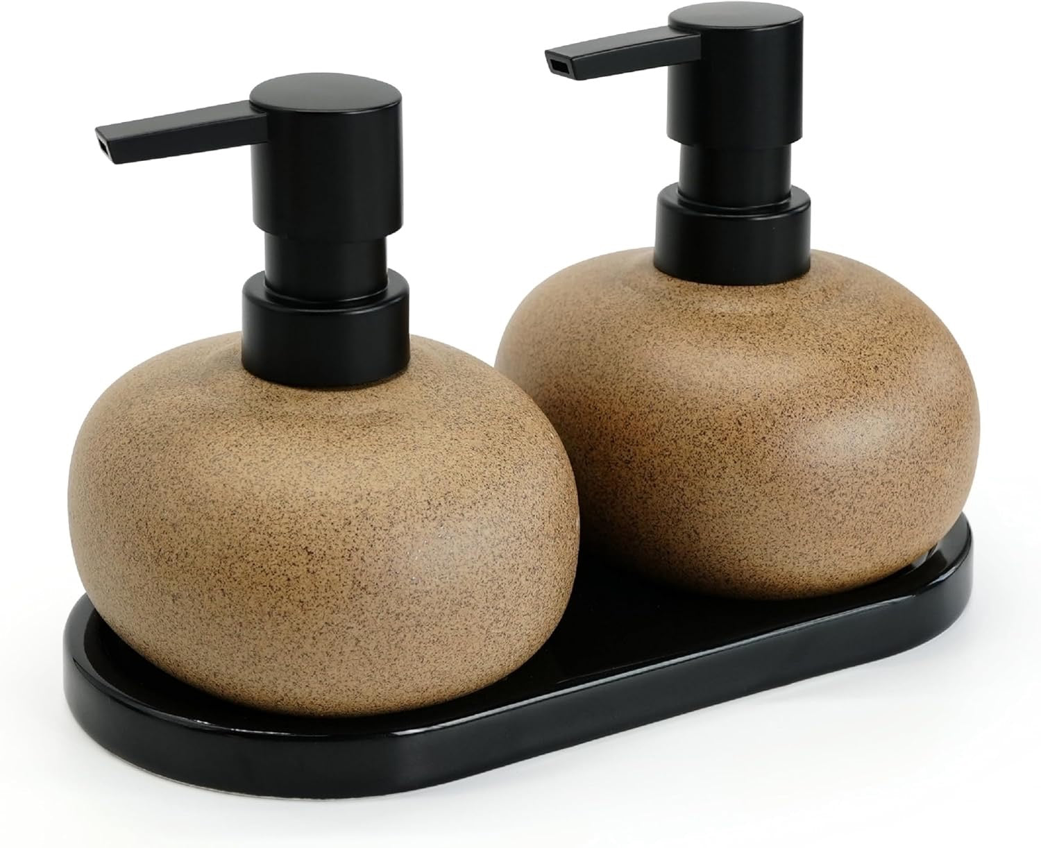 Ceramic Soap Dispenser Set 10 oz | Brown Pump Bottles with Tray for Kitchen & Bathroom Countertop