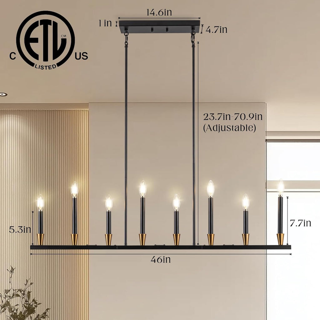 Linear 8-Light Black & Gold Dining Room Chandelier | Modern Mid-Century Pendant Light (46″)