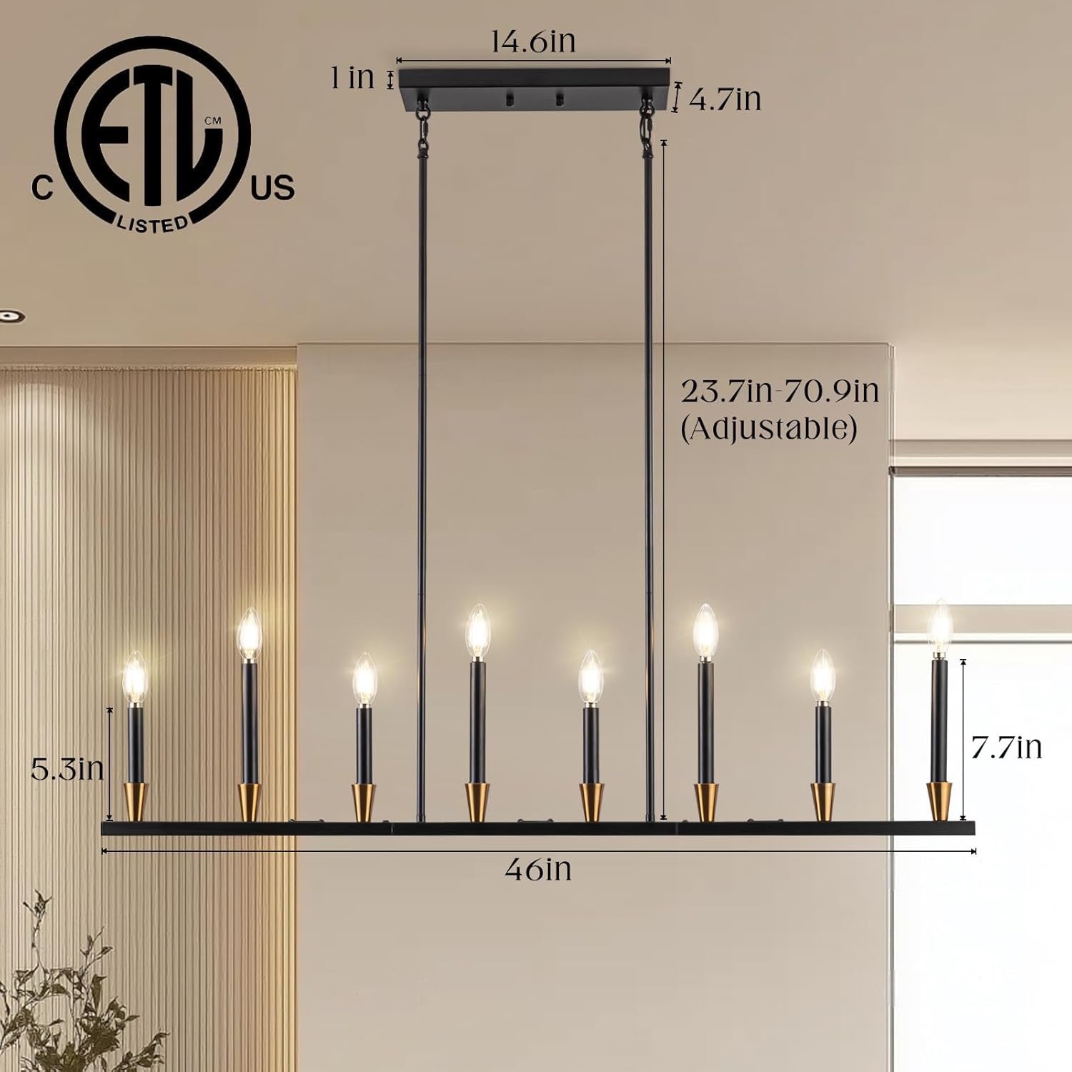 Linear 8-Light Black & Gold Dining Room Chandelier | Modern Mid-Century Pendant Light (46″)