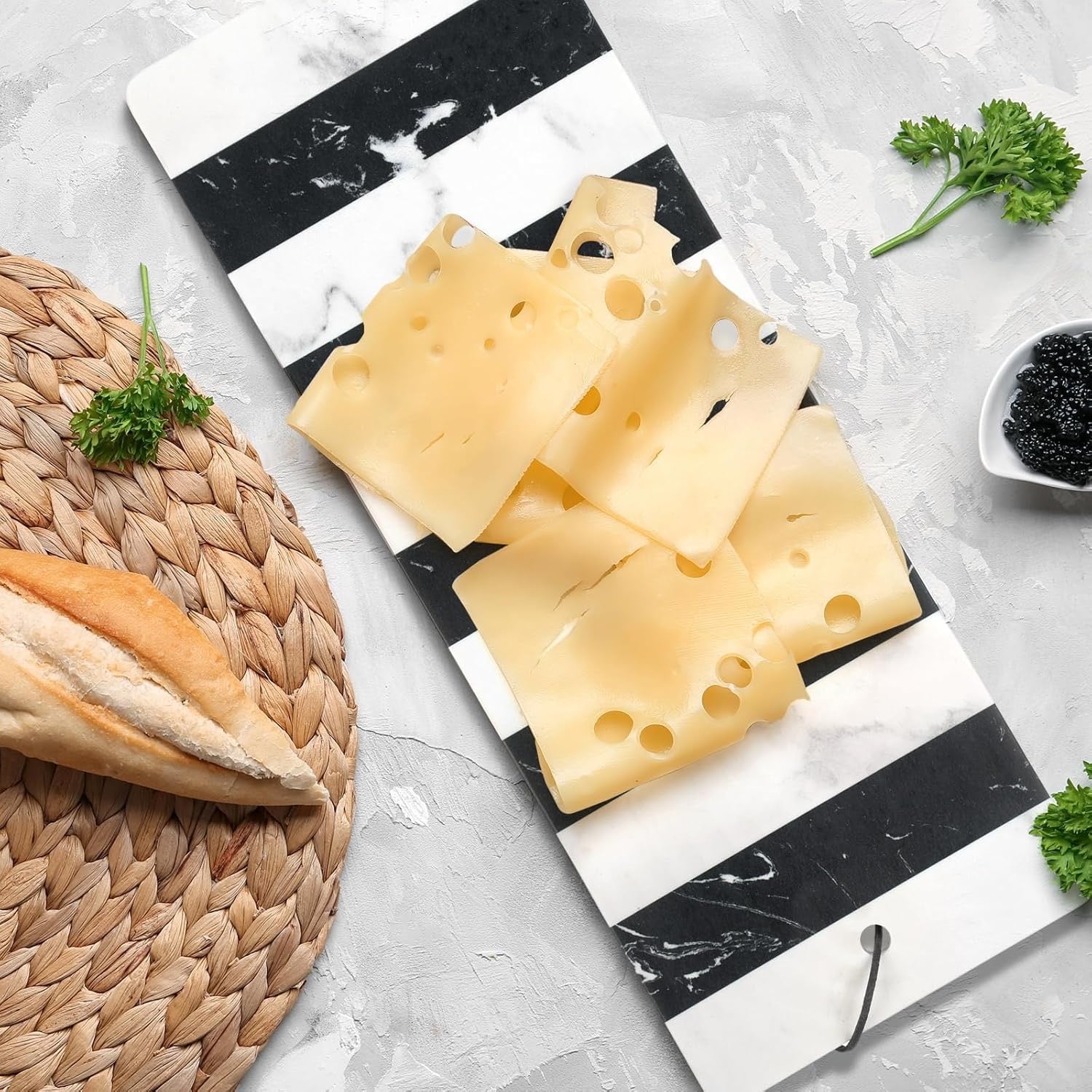 Patelai Marble Cutting Board 6x16 Striped Marble Serving Tray with Leather Tie Easy Clean Kitchen Board