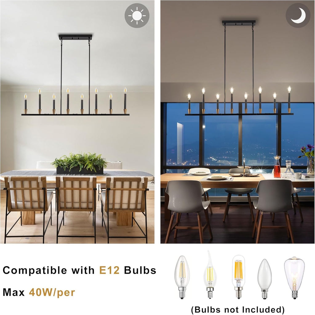 Linear 8-Light Black & Gold Dining Room Chandelier | Modern Mid-Century Pendant Light (46″)