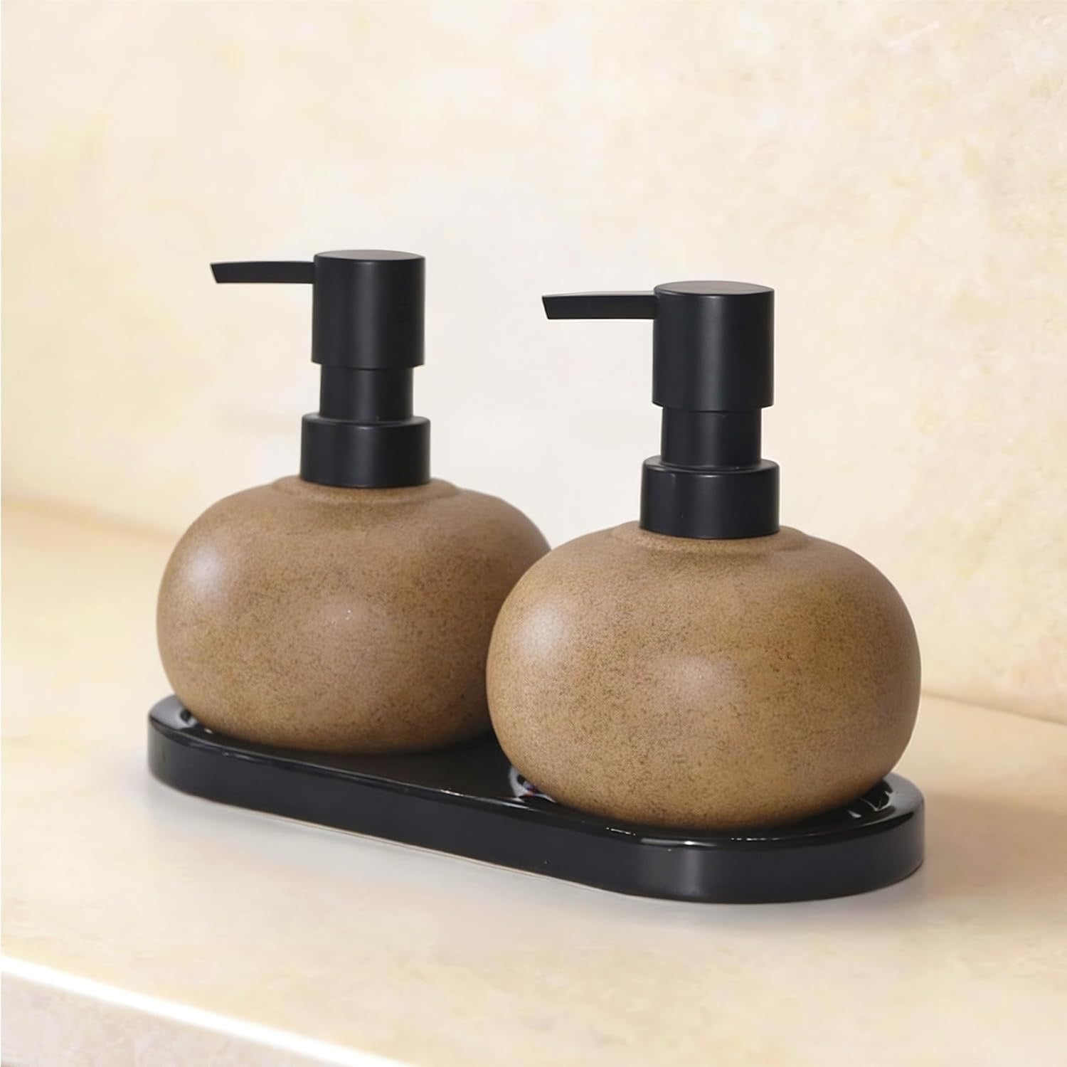Ceramic Soap Dispenser Set 10 oz | Brown Pump Bottles with Tray for Kitchen & Bathroom Countertop