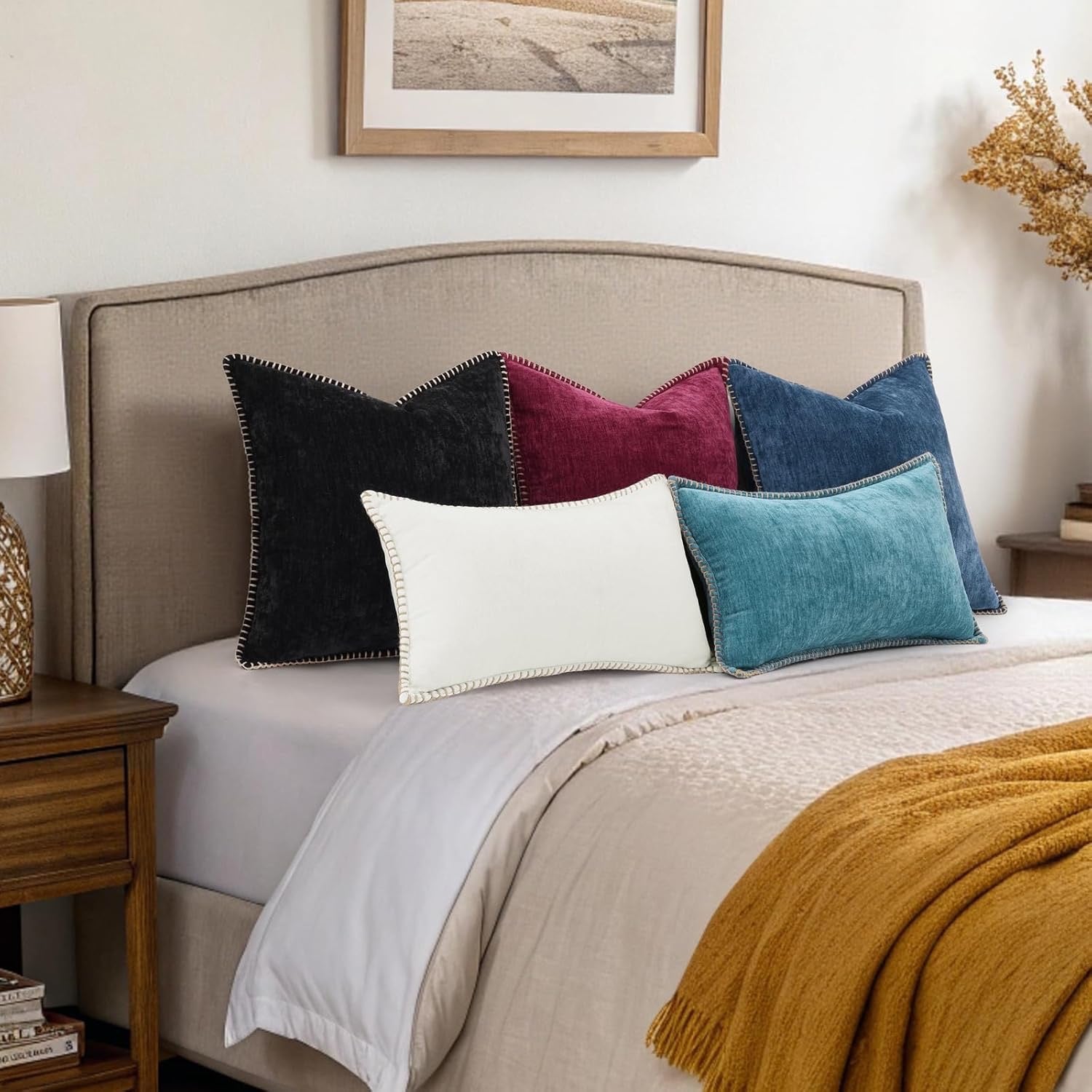 decorUhome Chenille Euro Pillow Covers (24x24, Set of 2, Black) | Soft Velvet Decorative Throw Pillow Shams