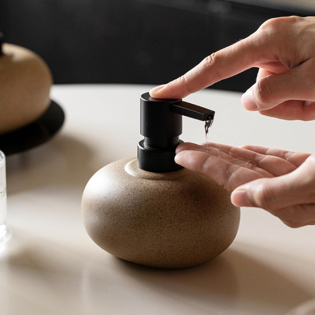 Ceramic Soap Dispenser Set 10 oz | Brown Pump Bottles with Tray for Kitchen & Bathroom Countertop