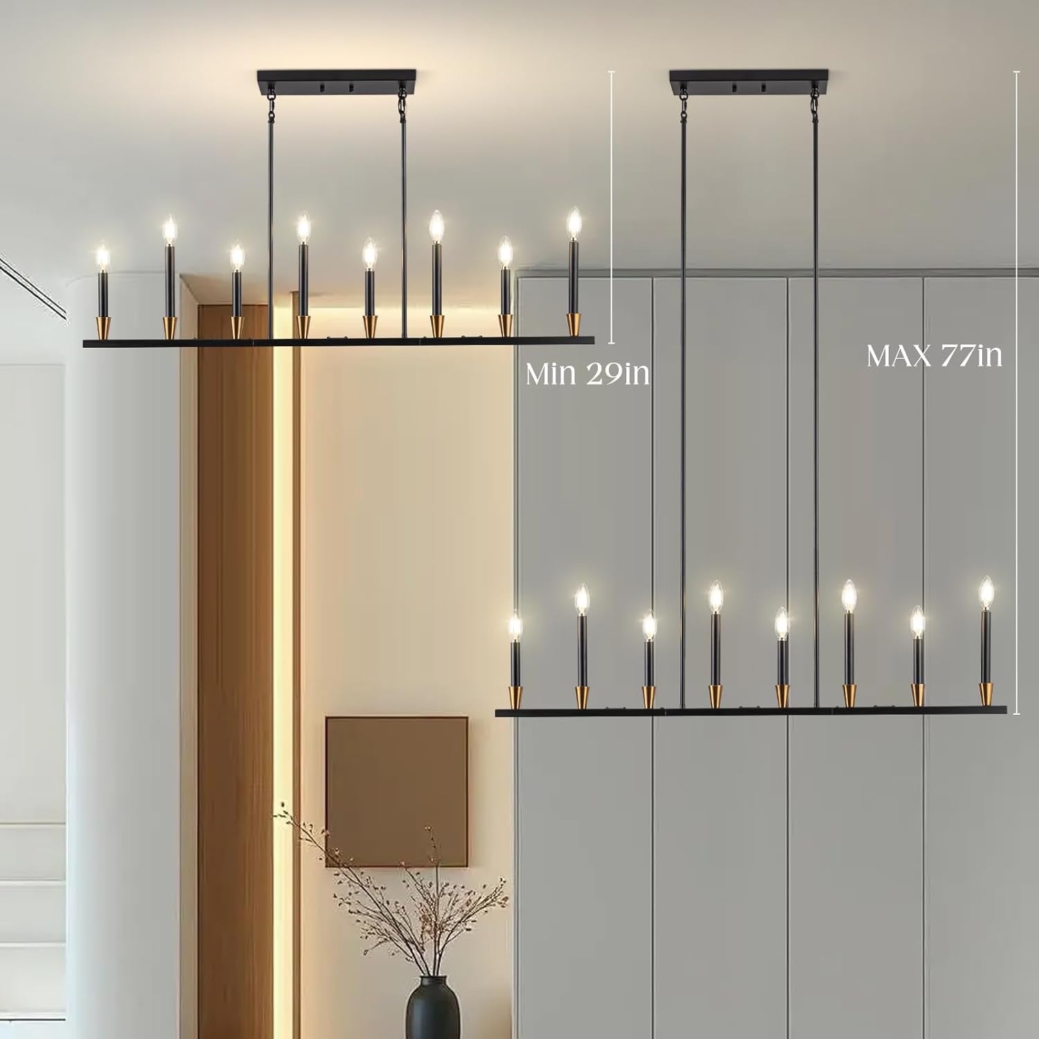 Linear 8-Light Black & Gold Dining Room Chandelier | Modern Mid-Century Pendant Light (46″)