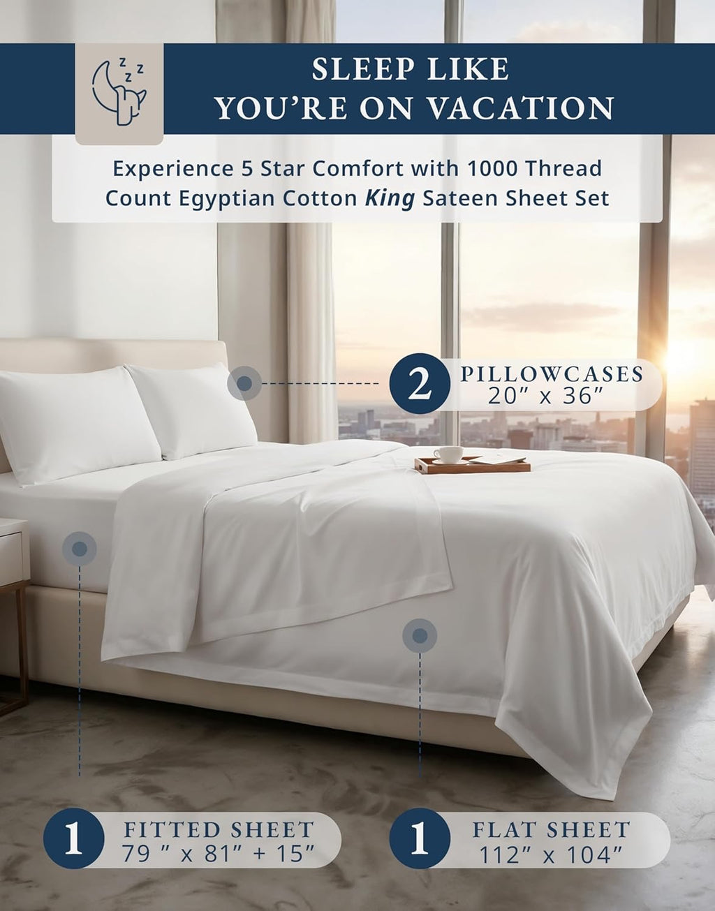 1000 Thread Count Egyptian Cotton Sheets – King Size | Silky Sateen Luxury Hotel Sheet Set (White)