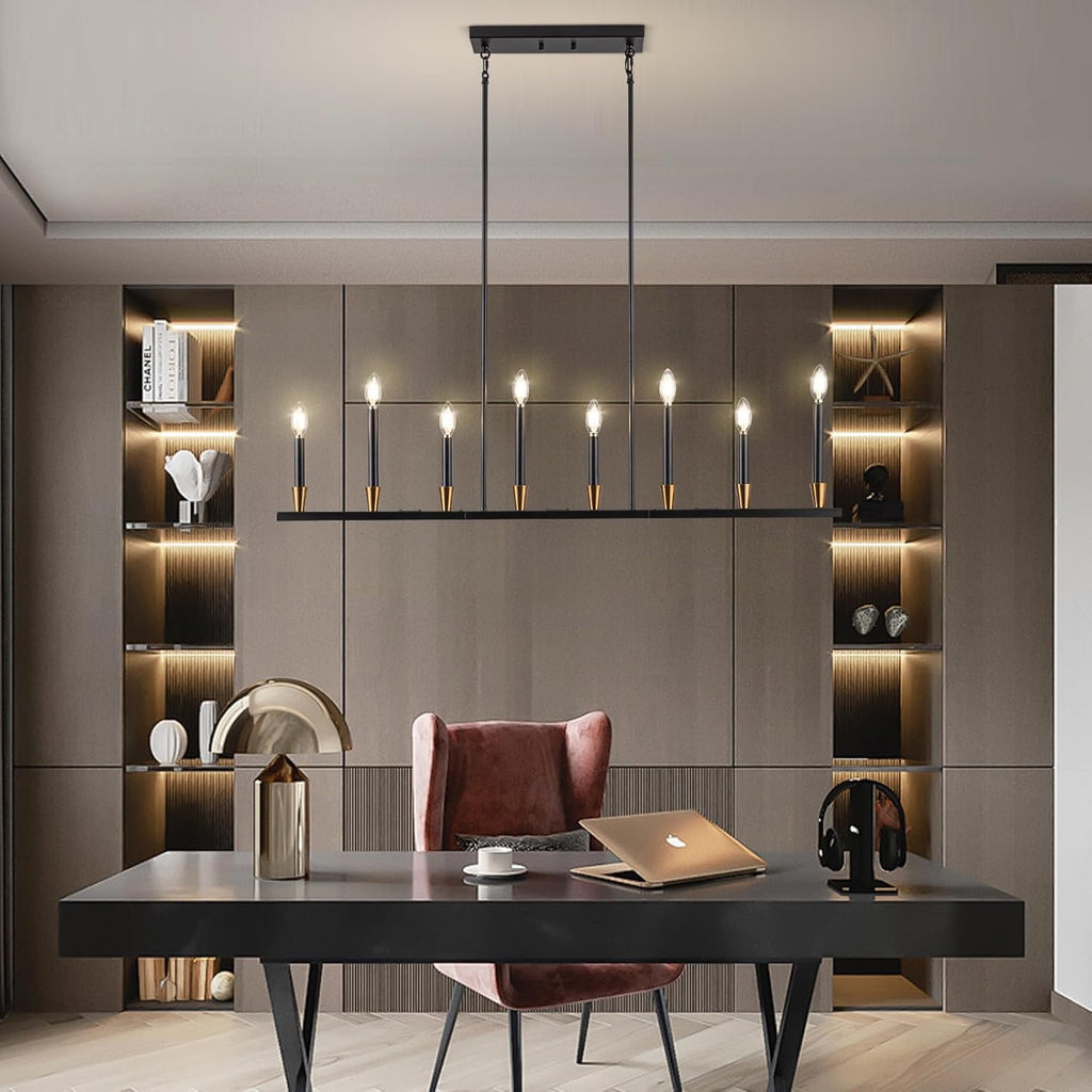 Linear 8-Light Black & Gold Dining Room Chandelier | Modern Mid-Century Pendant Light (46″)
