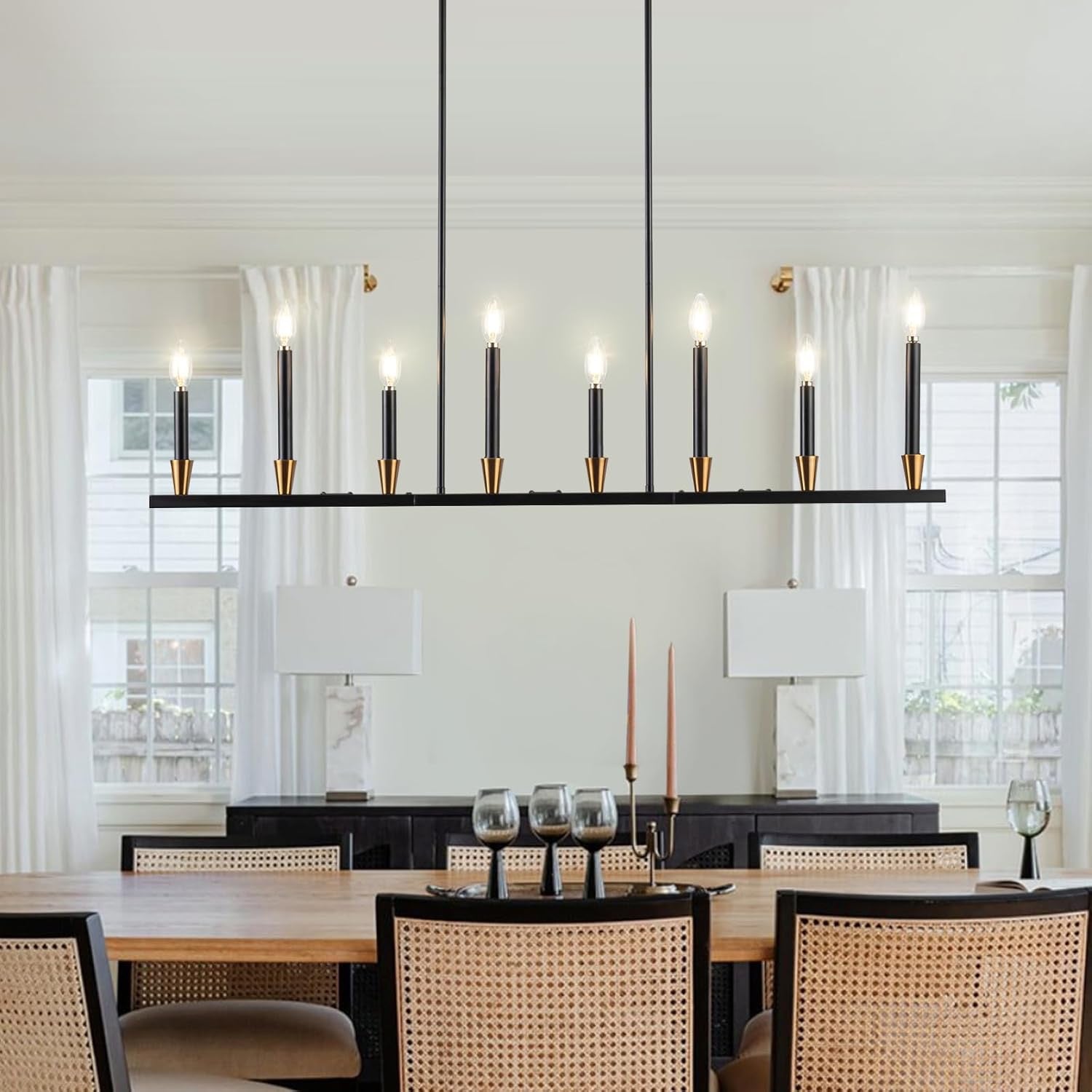 Linear 8-Light Black & Gold Dining Room Chandelier | Modern Mid-Century Pendant Light (46″)