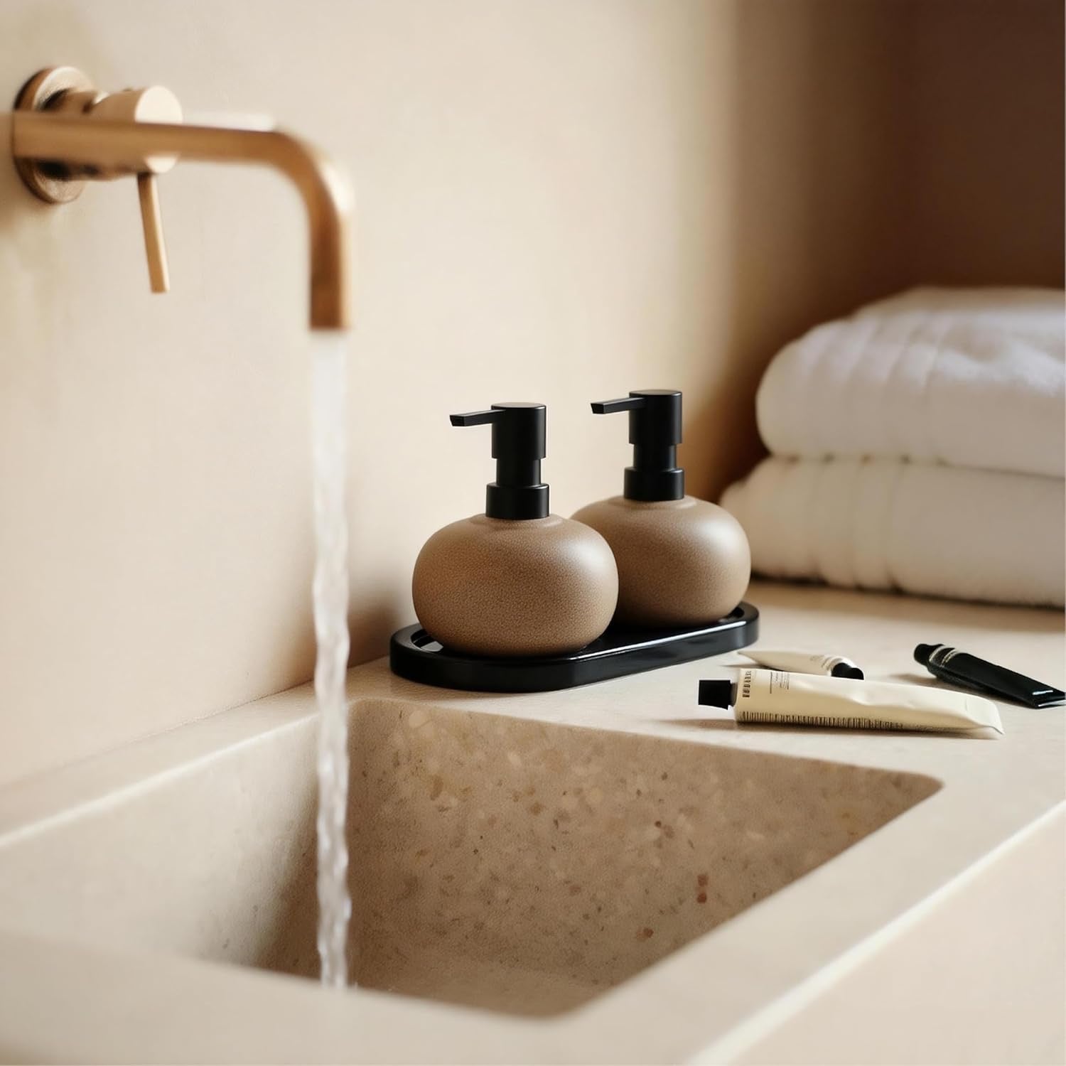 Ceramic Soap Dispenser Set 10 oz | Brown Pump Bottles with Tray for Kitchen & Bathroom Countertop