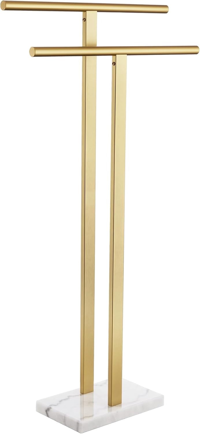 KOKOSIRI 2-Tier Freestanding Towel Rack THS0005-BG | Gold Stainless Steel Floor Stand with Marble Base