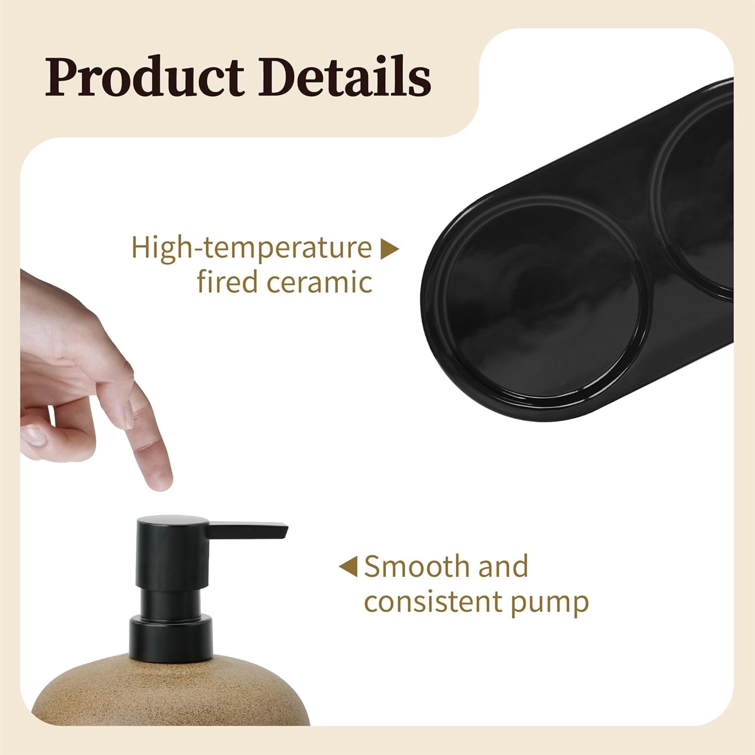Ceramic Soap Dispenser Set 10 oz | Brown Pump Bottles with Tray for Kitchen & Bathroom Countertop