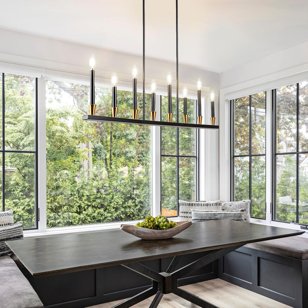 Linear 8-Light Black & Gold Dining Room Chandelier | Modern Mid-Century Pendant Light (46″)