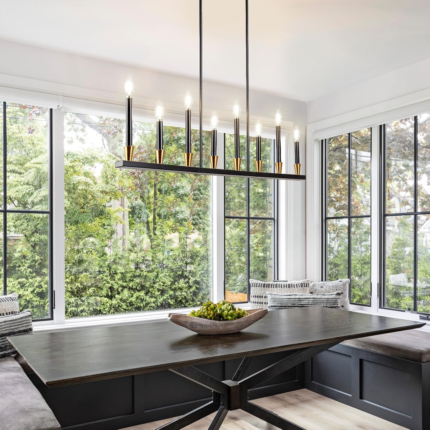 Linear 8-Light Black & Gold Dining Room Chandelier | Modern Mid-Century Pendant Light (46″)
