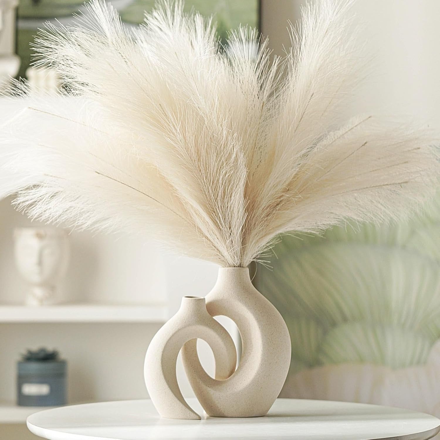 Snuggle Hollow Ceramic Vase Set (2-Piece) | Nordic Modern Decorative Vases – Milky White