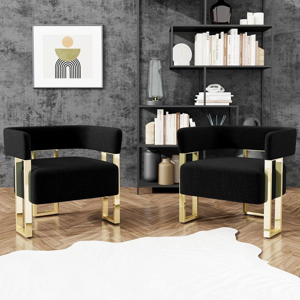 STHOUYN Modern Black & Gold Accent Chair Set (2) | Bouclé Bucket Chairs for Living Room & Bedroom