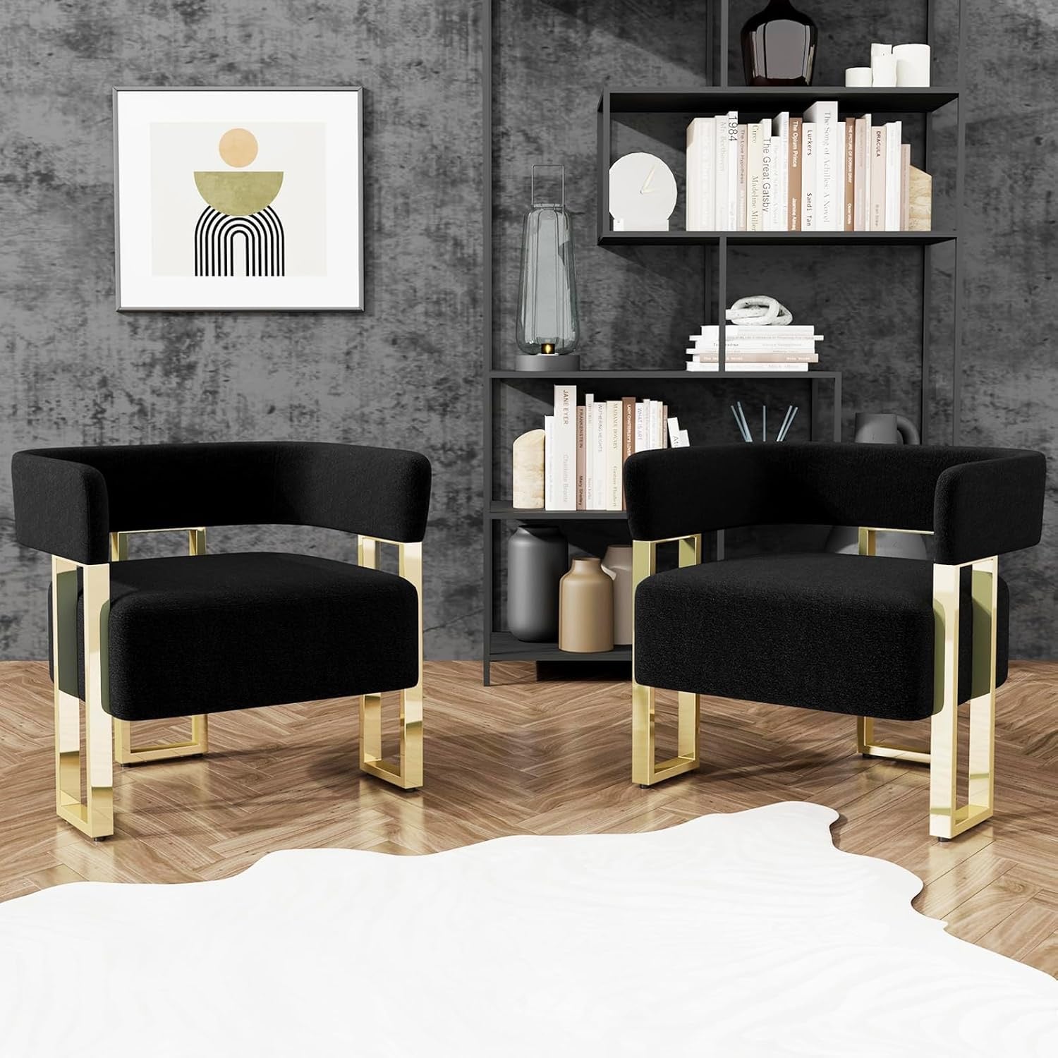 STHOUYN Modern Black & Gold Accent Chair Set (2) | Bouclé Bucket Chairs for Living Room & Bedroom