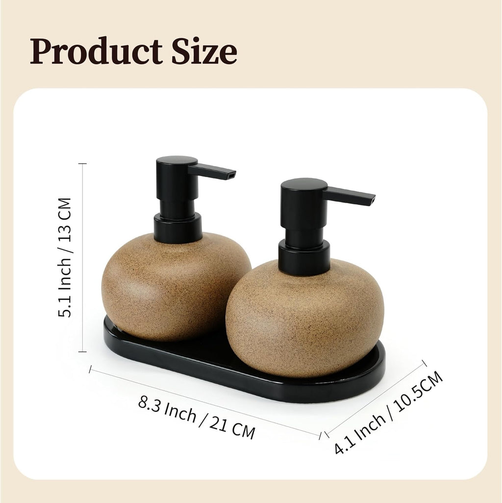 Ceramic Soap Dispenser Set 10 oz | Brown Pump Bottles with Tray for Kitchen & Bathroom Countertop