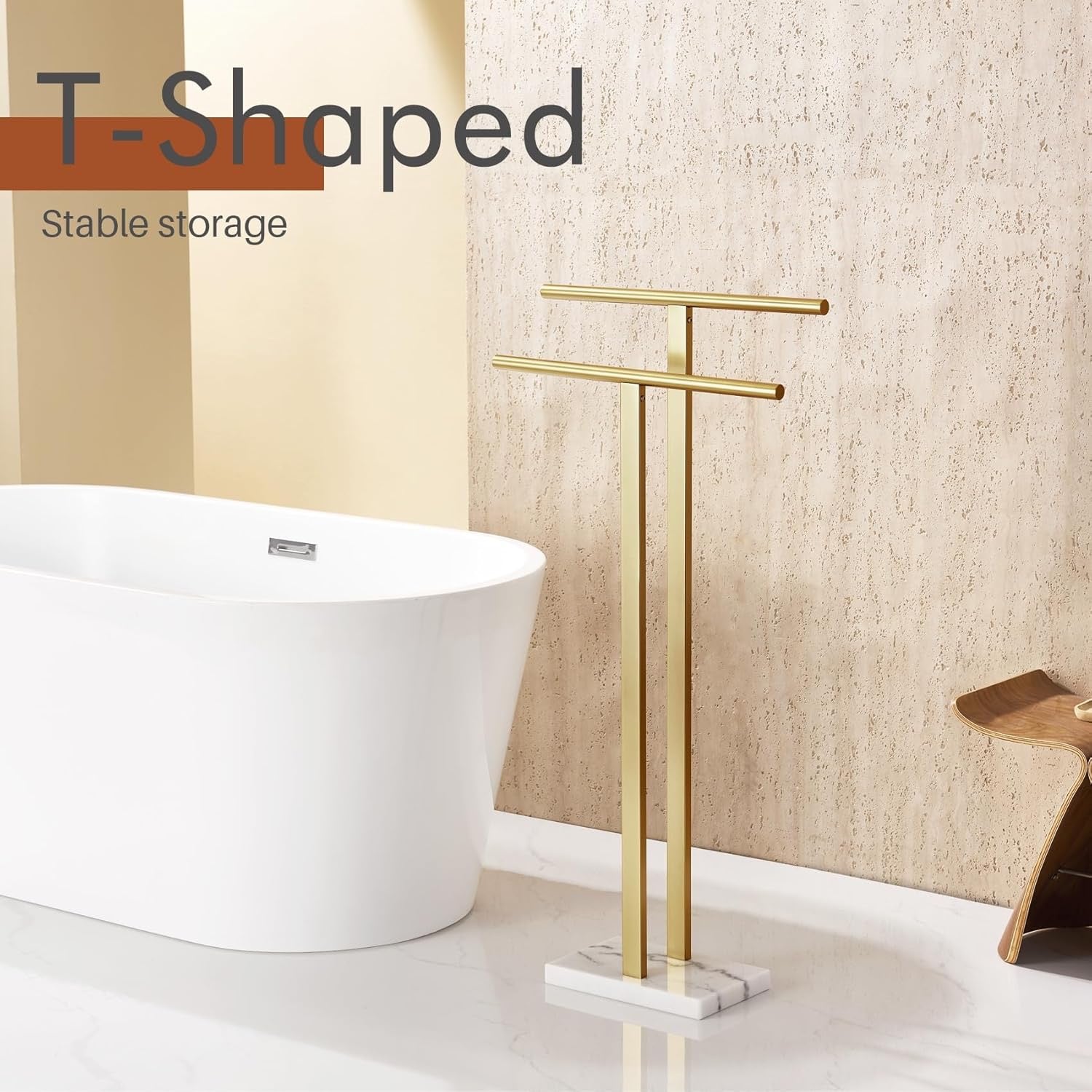 KOKOSIRI 2-Tier Freestanding Towel Rack THS0005-BG | Gold Stainless Steel Floor Stand with Marble Base