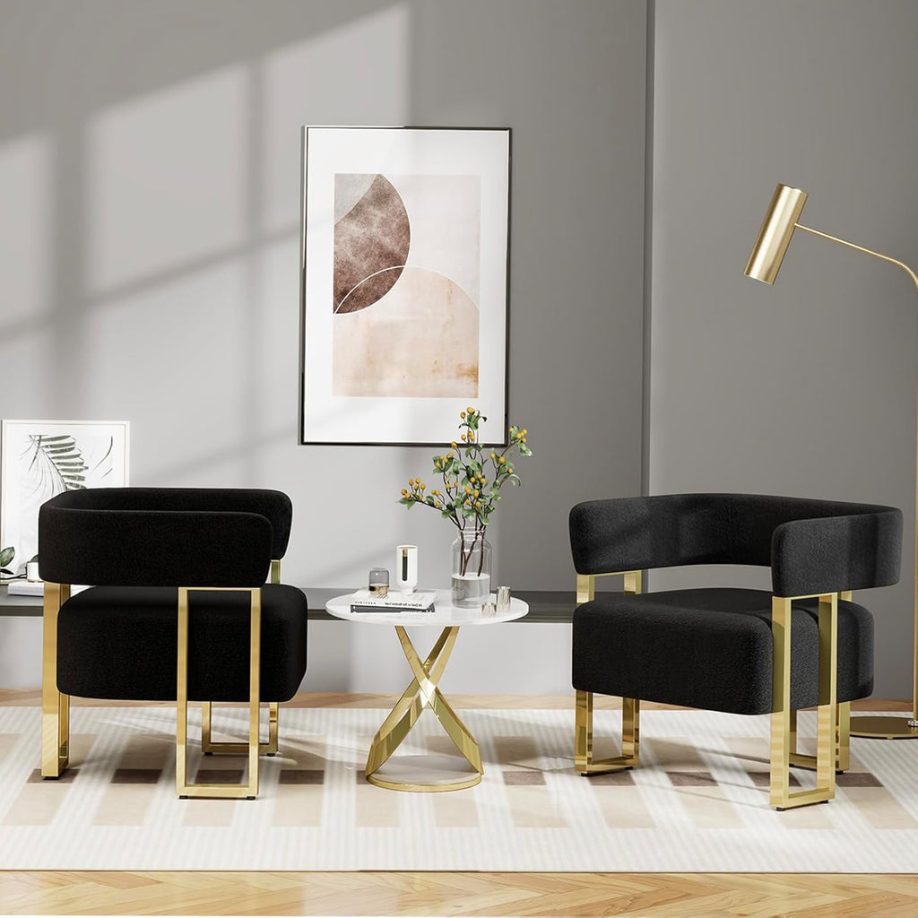 STHOUYN Modern Black & Gold Accent Chair Set (2) | Bouclé Bucket Chairs for Living Room & Bedroom