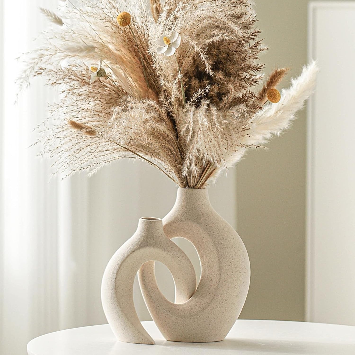 Snuggle Hollow Ceramic Vase Set (2-Piece) | Nordic Modern Decorative Vases – Milky White