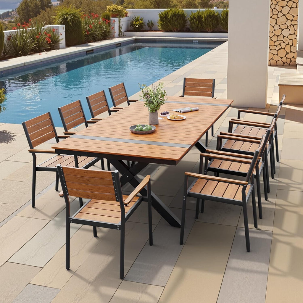 Pellebant 11-Piece Aluminum Patio Dining Set | 94” Outdoor Table with Stackable Chairs & Teak-Grain Finish