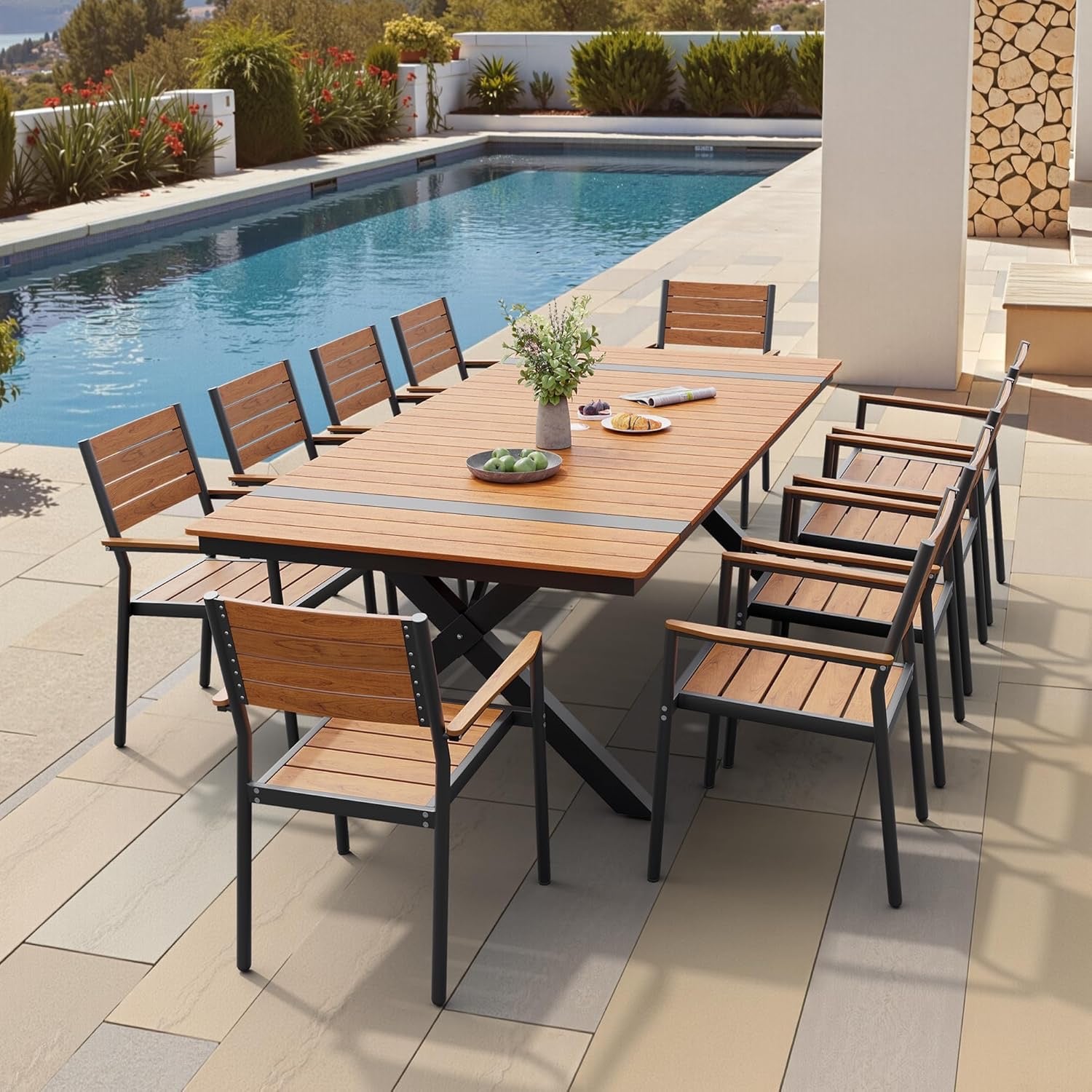 Pellebant 11-Piece Aluminum Patio Dining Set | 94” Outdoor Table with Stackable Chairs & Teak-Grain Finish