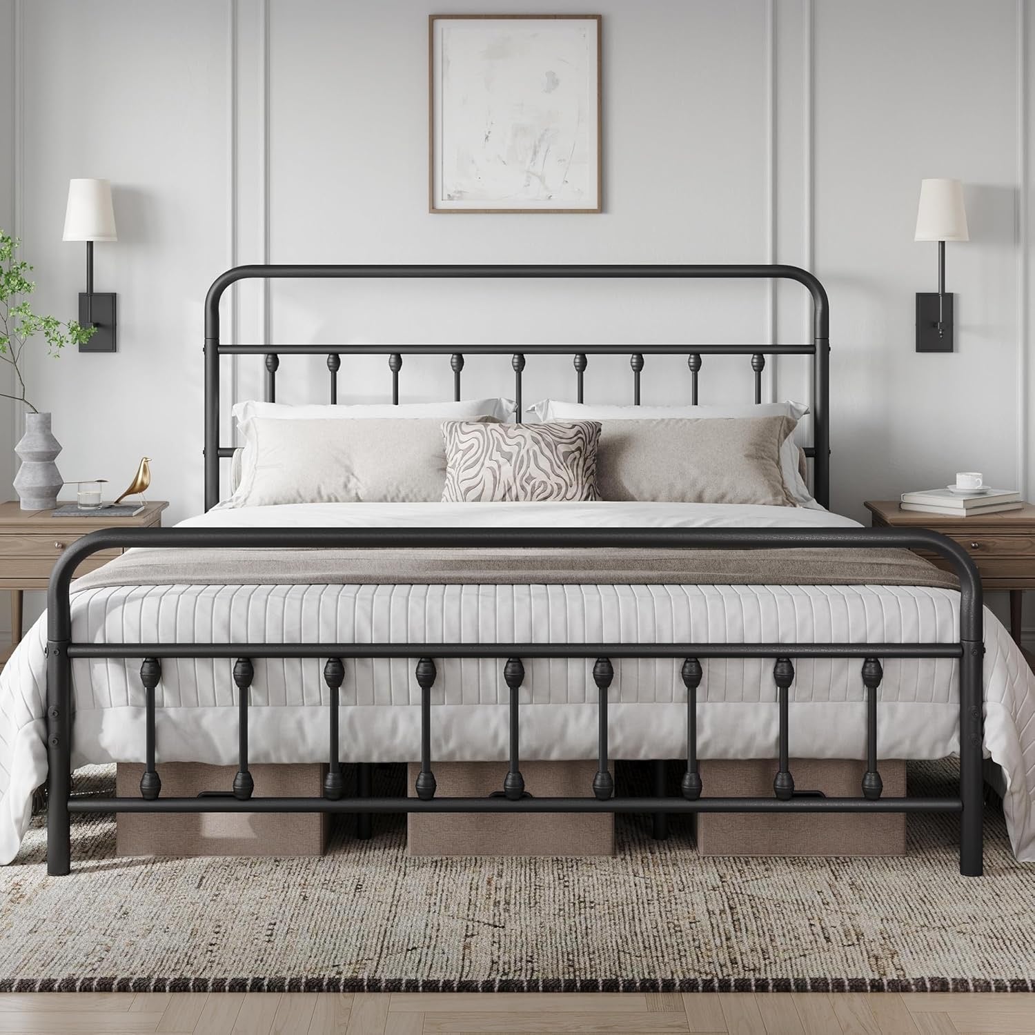 Yaheetech Victorian Iron Platform Bed | Classic Metal Bed Frame with Headboard & Footboard – Black (California King)