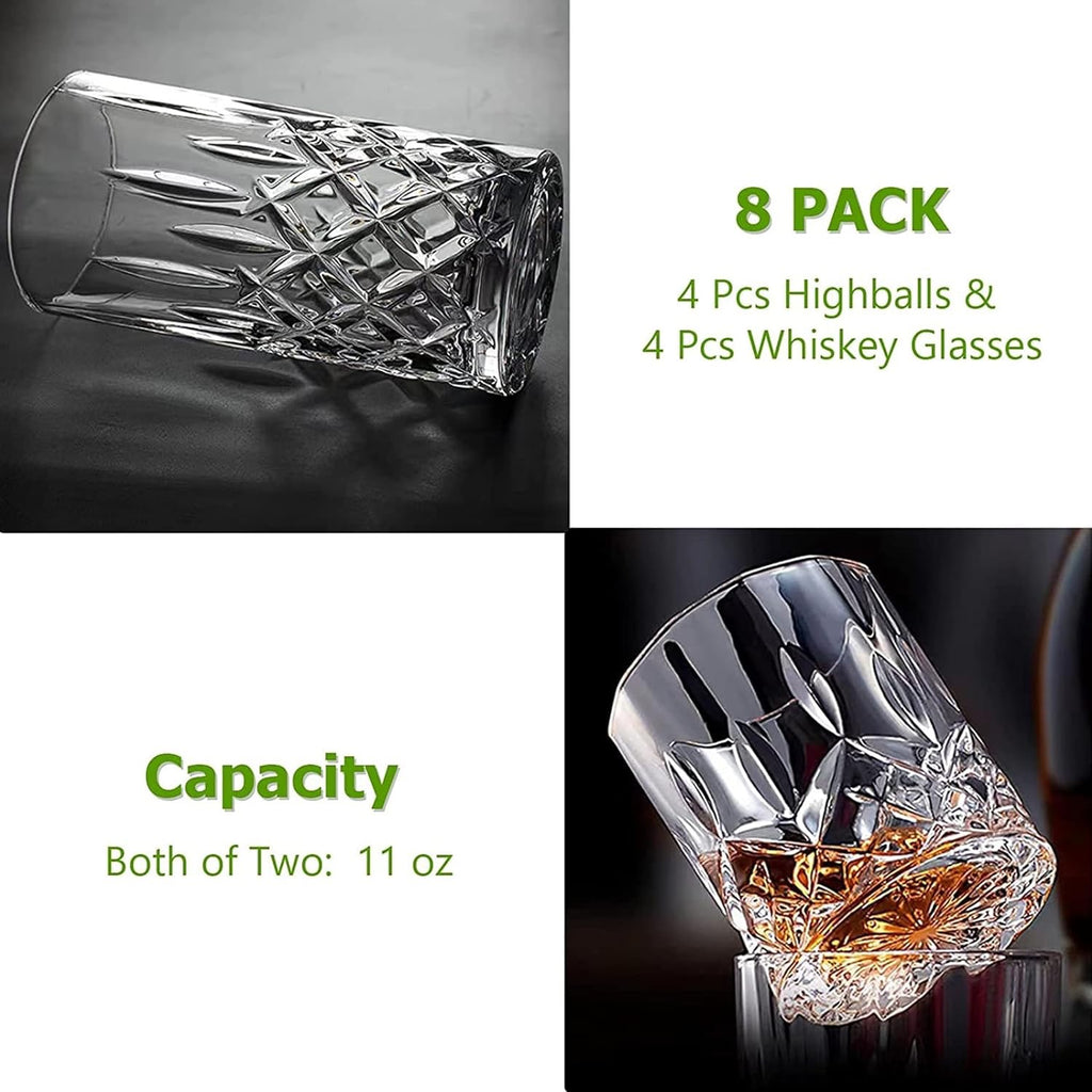 Crystal Drinking Glasses Set of 8 | 11oz Highball & Whiskey Glasses (Modern Mixed Cocktail Glassware Set)