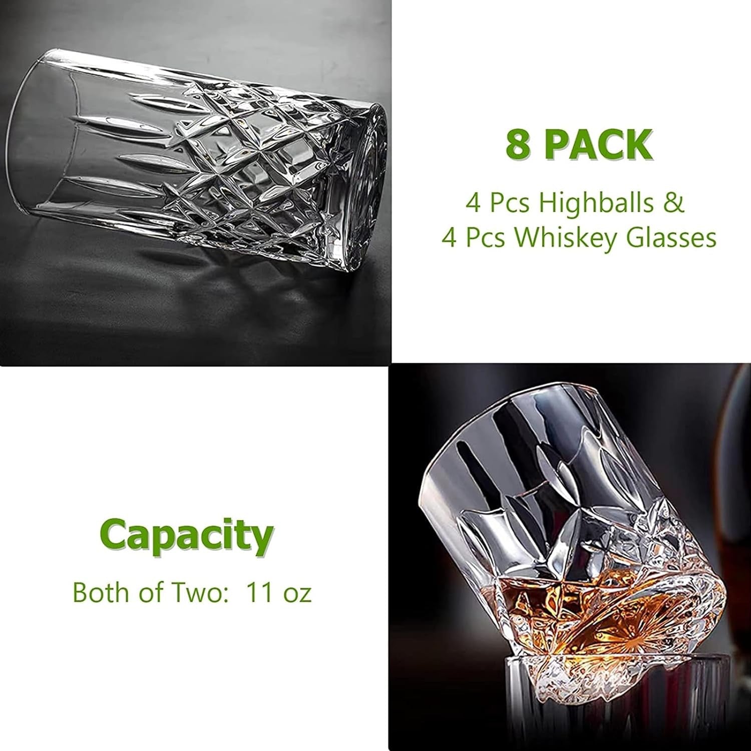 Crystal Drinking Glasses Set of 8 | 11oz Highball & Whiskey Glasses (Modern Mixed Cocktail Glassware Set)