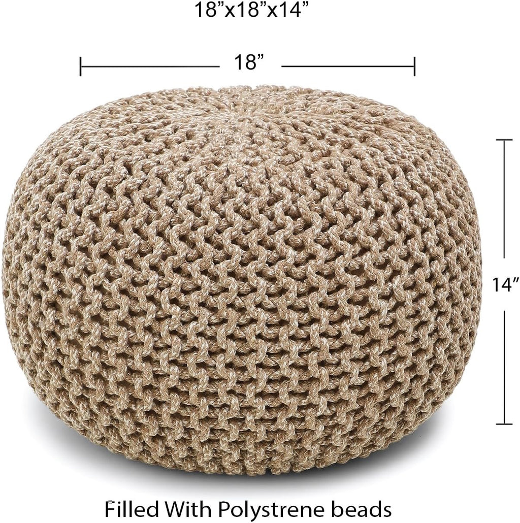 REDEARTH Hand-Knitted Cotton Pouf Ottoman | Round Cable Knit Pouffe – Beige Ivory