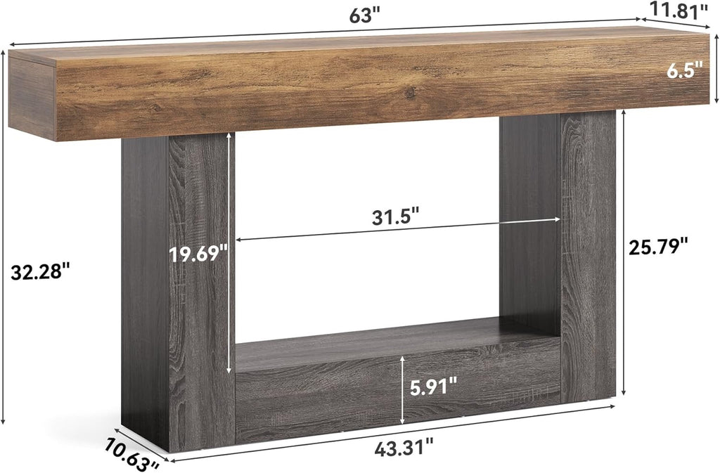 LITTLE TREE 63” Farmhouse Console Table | 2-Tier Wooden Sofa Table for Entryway & Living Room (Rustic Brown & Grey)