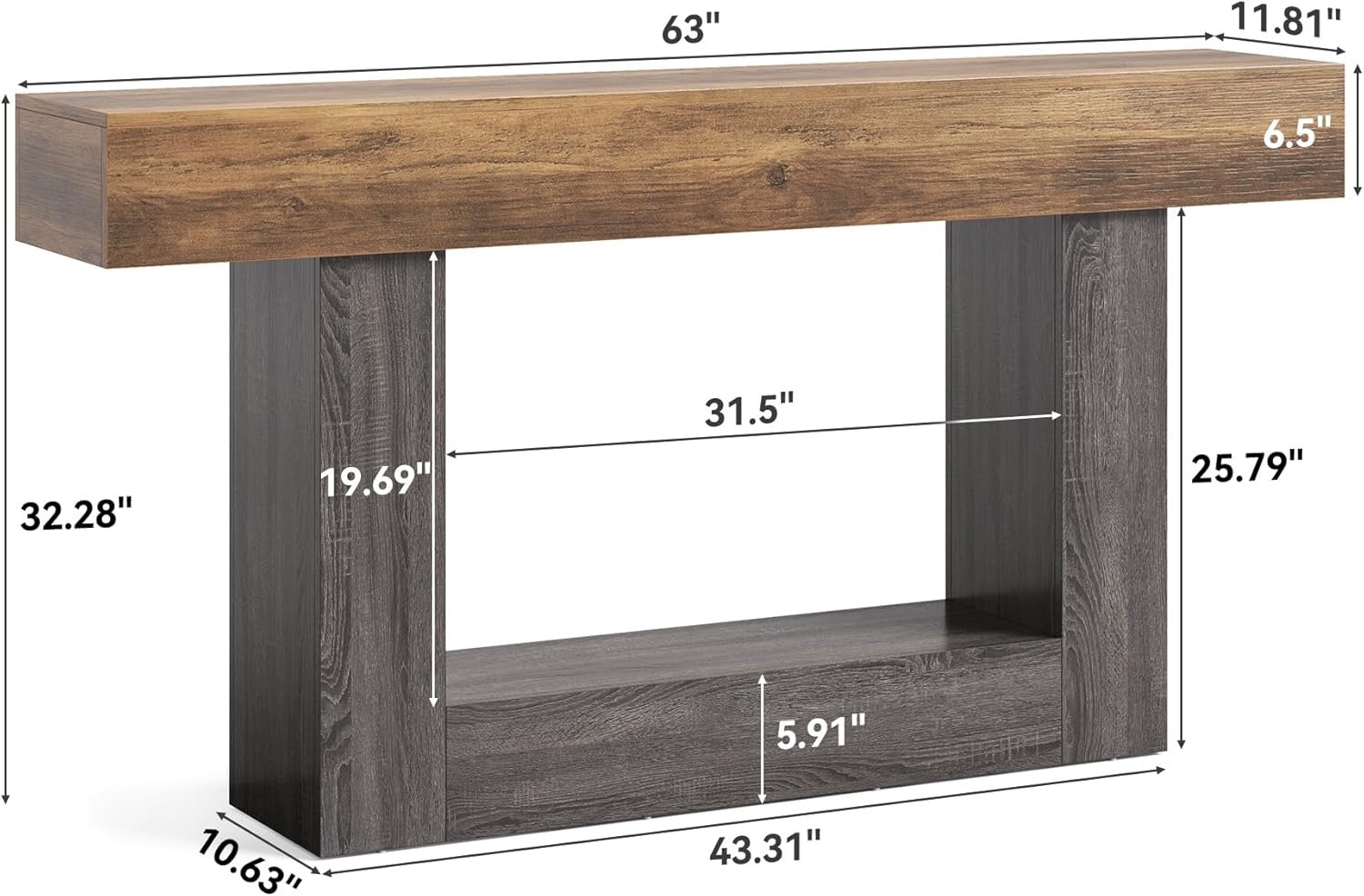 LITTLE TREE 63” Farmhouse Console Table | 2-Tier Wooden Sofa Table for Entryway & Living Room (Rustic Brown & Grey)
