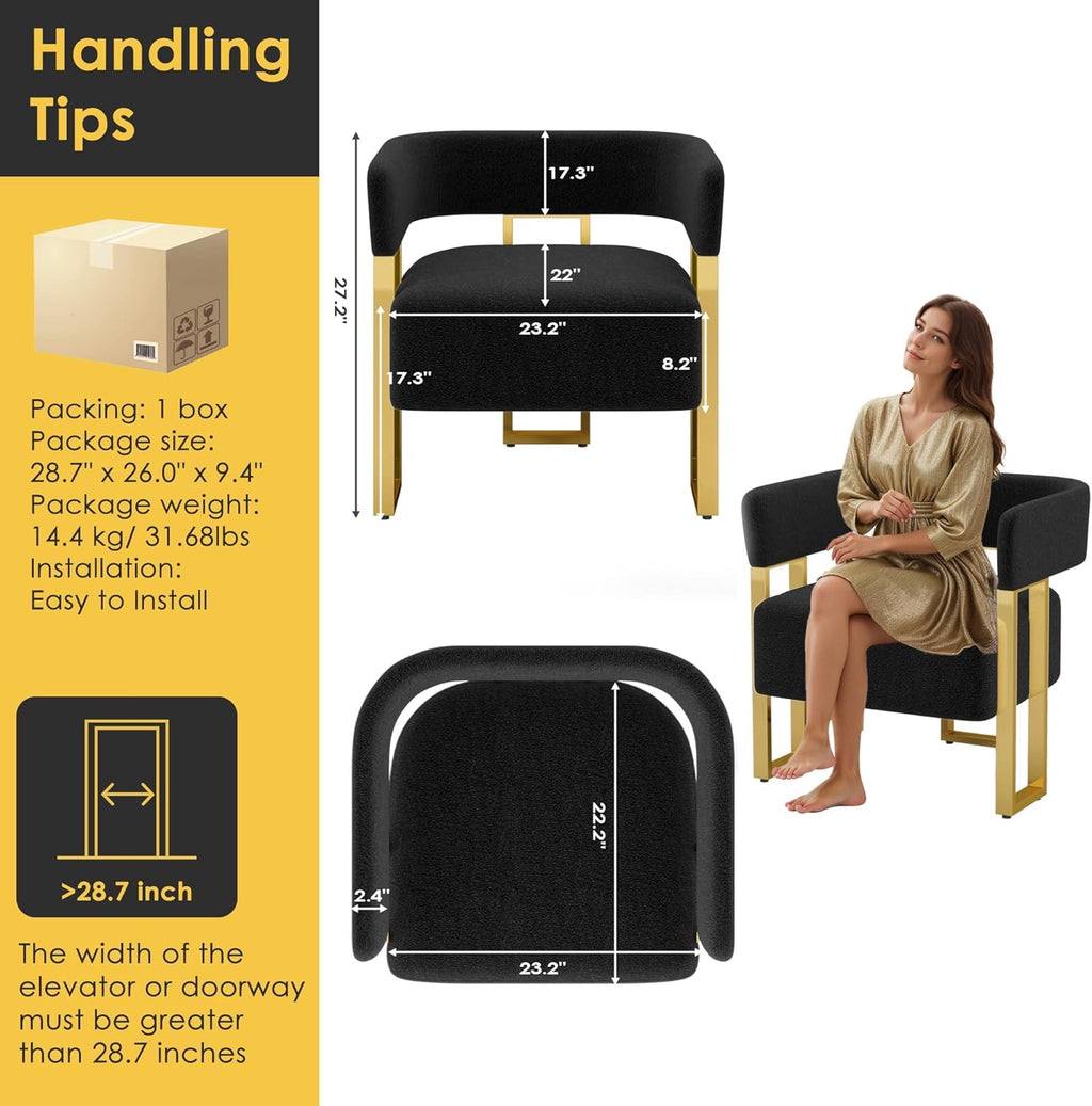 STHOUYN Modern Black & Gold Accent Chair Set (2) | Bouclé Bucket Chairs for Living Room & Bedroom