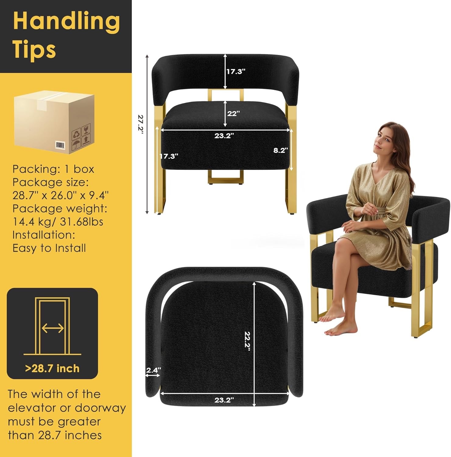 STHOUYN Modern Black & Gold Accent Chair Set (2) | Bouclé Bucket Chairs for Living Room & Bedroom