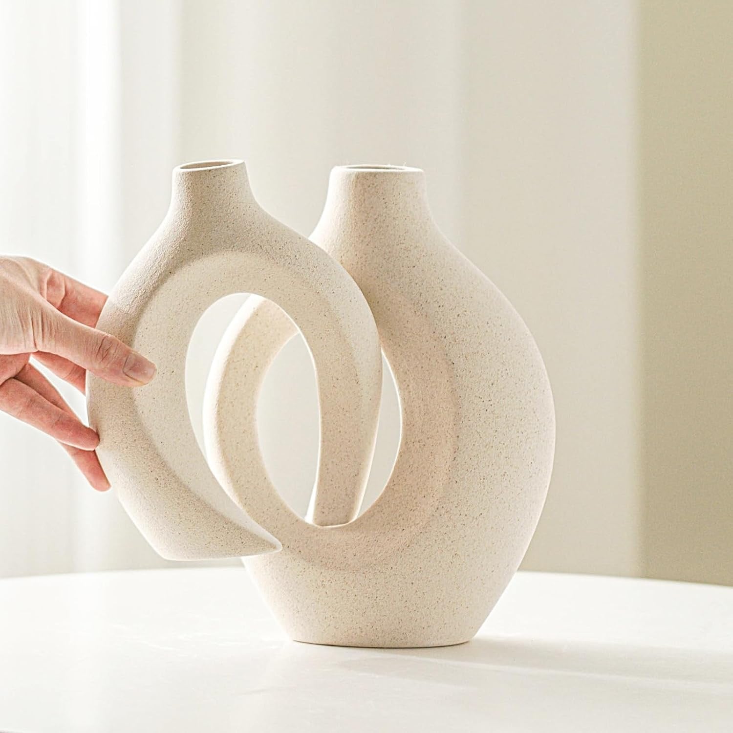 Snuggle Hollow Ceramic Vase Set (2-Piece) | Nordic Modern Decorative Vases – Milky White