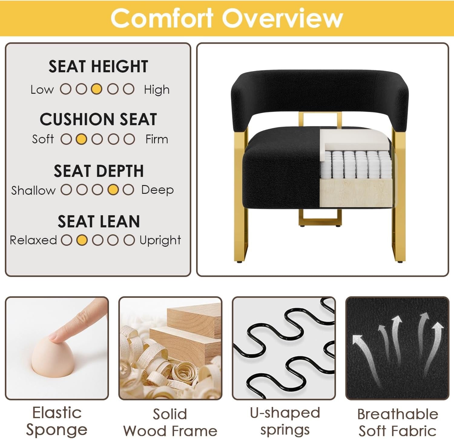 STHOUYN Modern Black & Gold Accent Chair Set (2) | Bouclé Bucket Chairs for Living Room & Bedroom