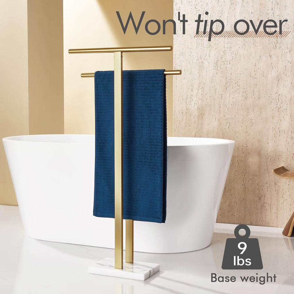 KOKOSIRI 2-Tier Freestanding Towel Rack THS0005-BG | Gold Stainless Steel Floor Stand with Marble Base