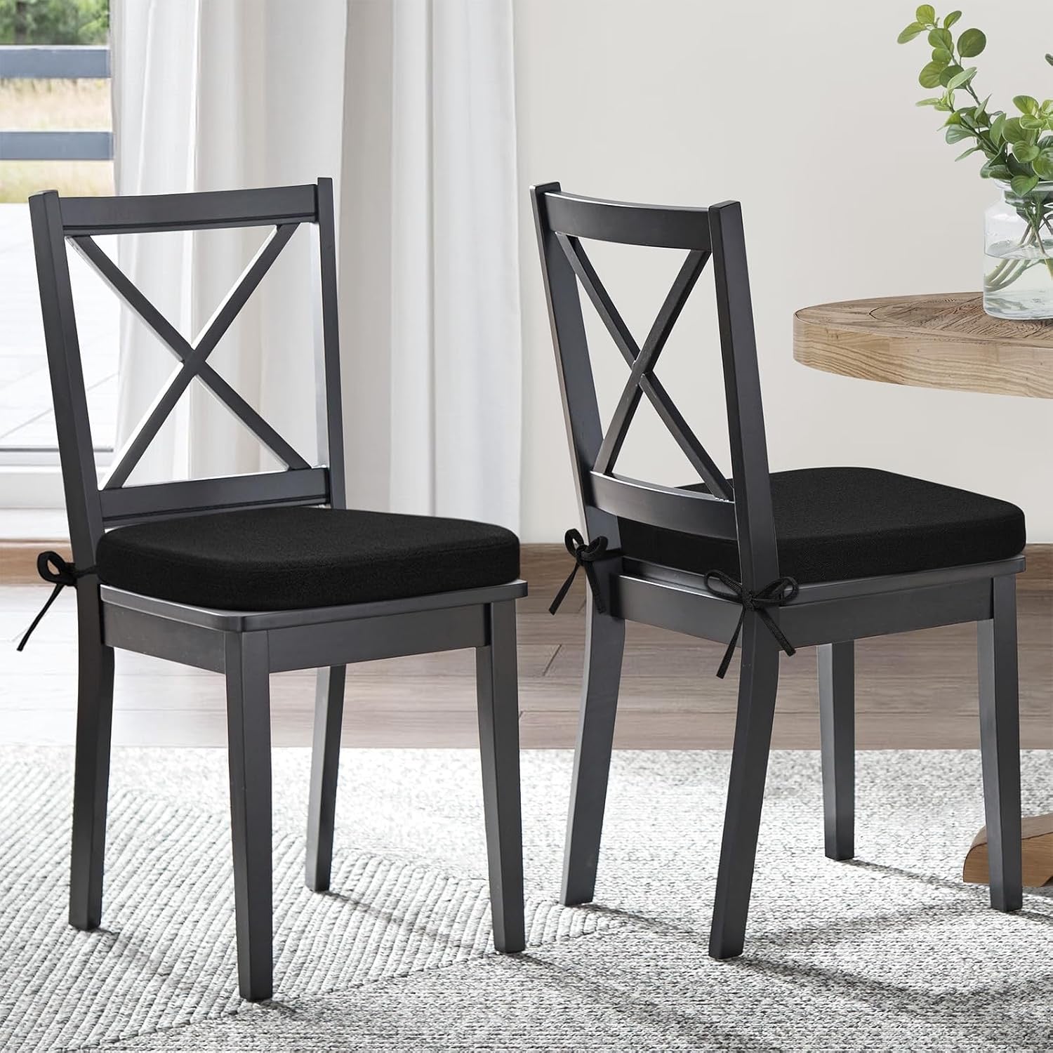 Shinnwa Memory Foam Dining Chair Pads (Set of 4) | Washable Kitchen Chair Cushions with Ties – Black