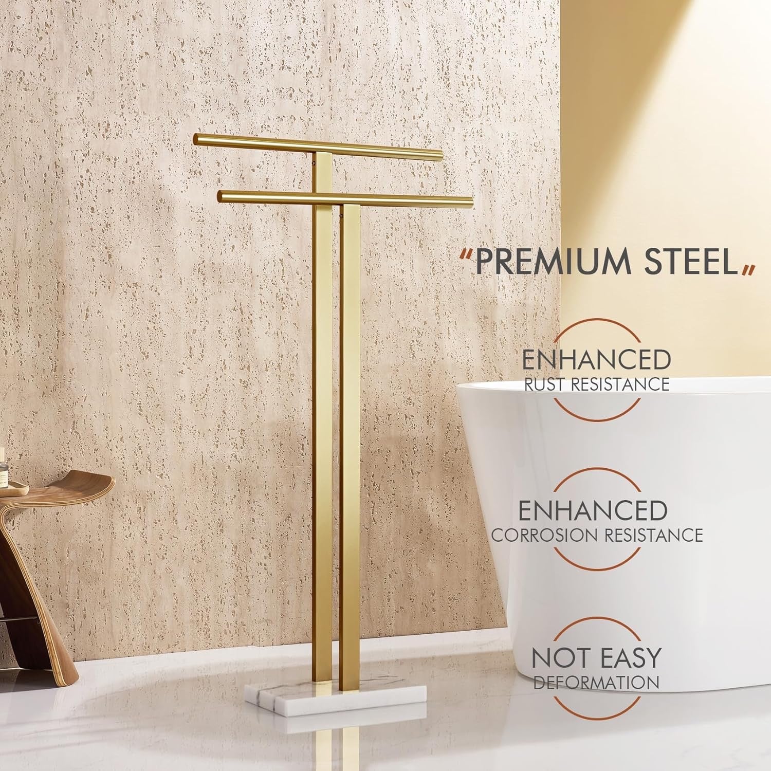 KOKOSIRI 2-Tier Freestanding Towel Rack THS0005-BG | Gold Stainless Steel Floor Stand with Marble Base