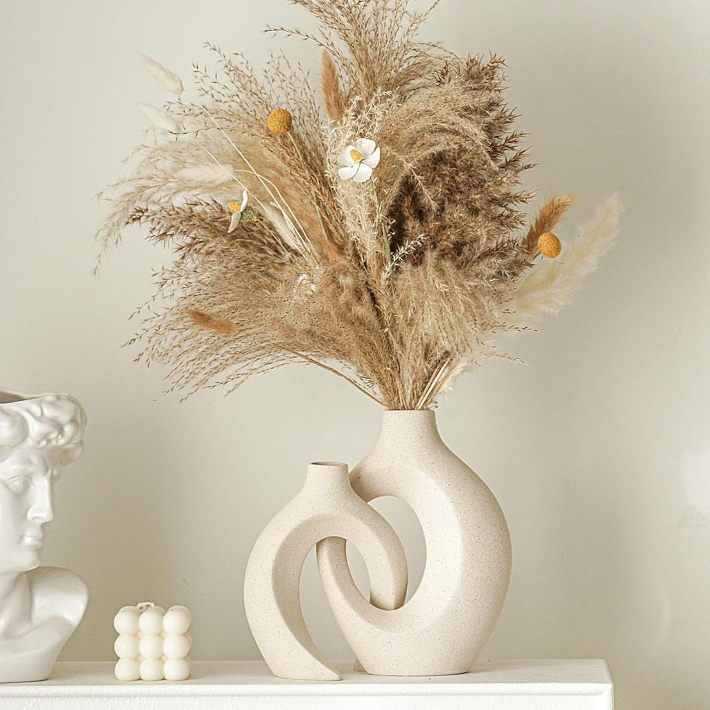 Snuggle Hollow Ceramic Vase Set (2-Piece) | Nordic Modern Decorative Vases – Milky White