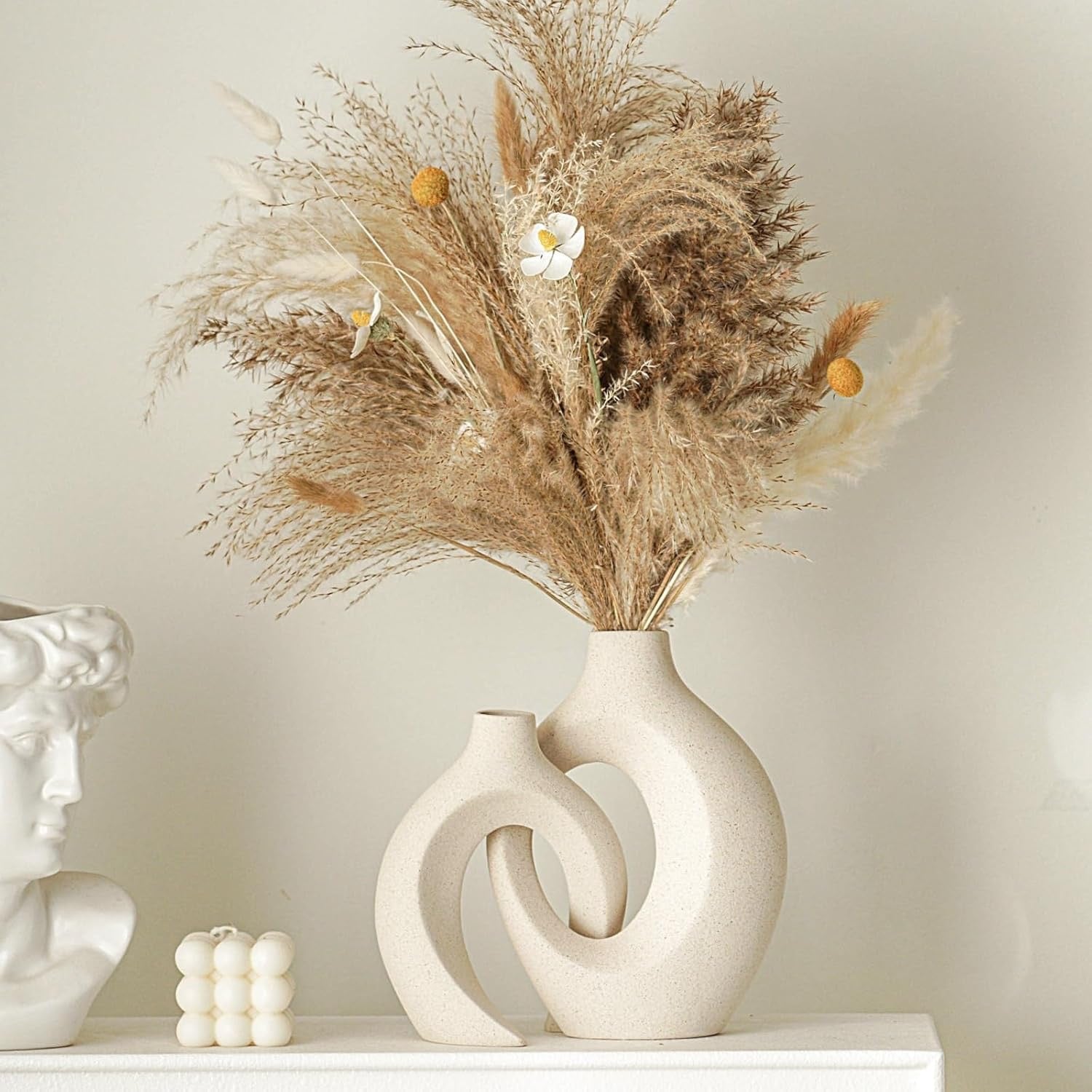 Snuggle Hollow Ceramic Vase Set (2-Piece) | Nordic Modern Decorative Vases – Milky White
