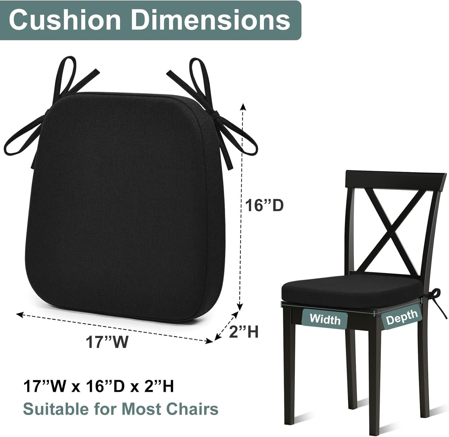 Shinnwa Memory Foam Dining Chair Pads (Set of 4) | Washable Kitchen Chair Cushions with Ties – Black