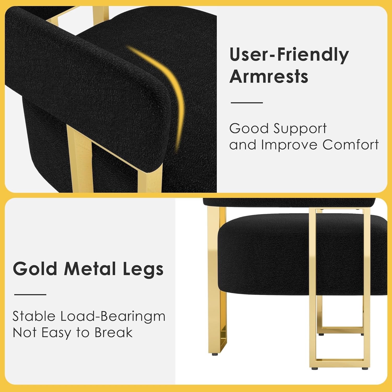 STHOUYN Modern Black & Gold Accent Chair Set (2) | Bouclé Bucket Chairs for Living Room & Bedroom
